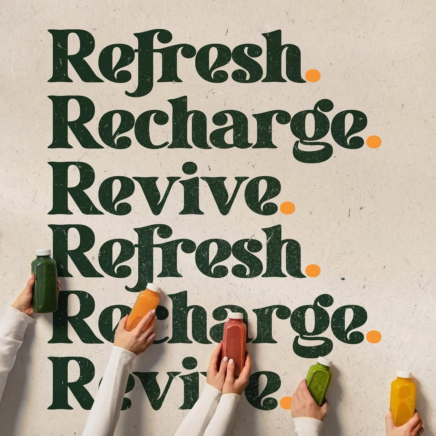 Refresh, Recharge, Revive in green type on kraft paper with hands holding cold pressed juice bottles, for Nectar