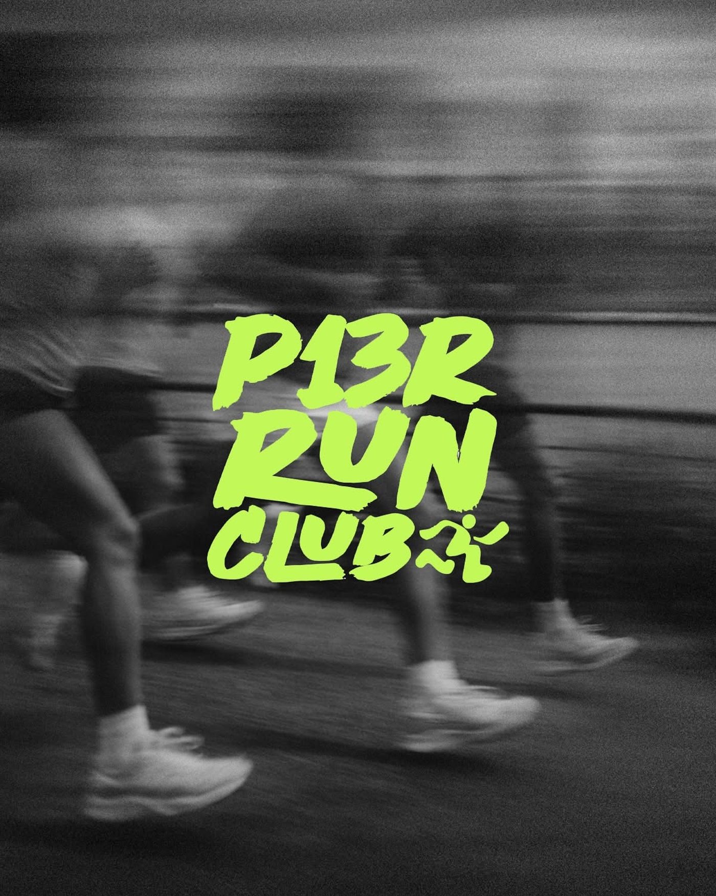 Runners in motion blur with the P13R Run Club mark in neon green